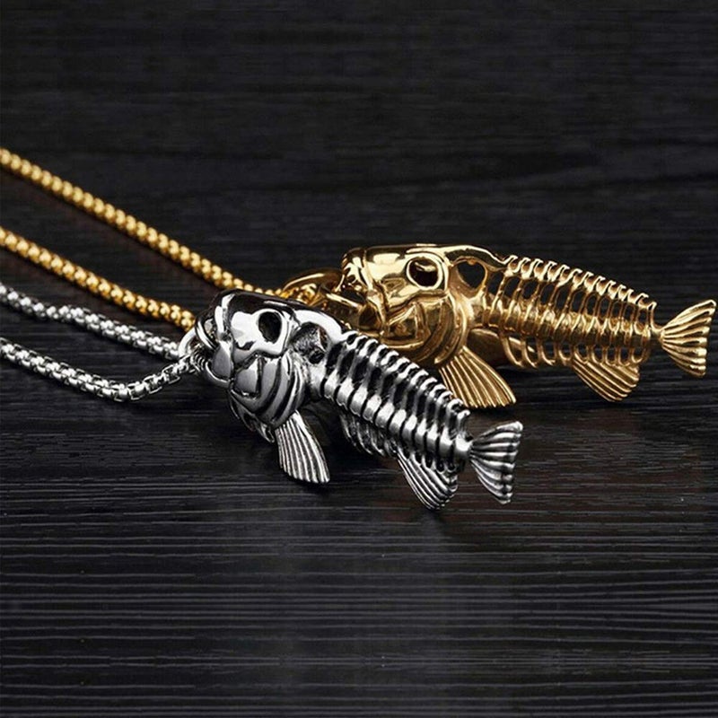 Comimark 3Pcs Fish Bone Whole Fish Skeleton Stainless Steel Pendant Necklace Gold Black Silver - Image 4